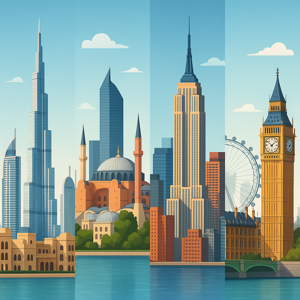 Comparison of real estate investment in Dubai, Istanbul, London, and New York focusing on prices, taxes, and amenities