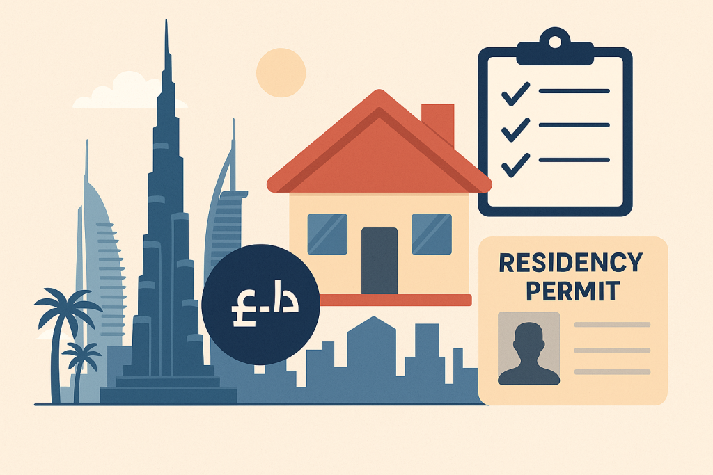 An illustration showing Dubai landmarks, a house, checklist, and residency permit symbolizing new property-based residency rules in Dubai
