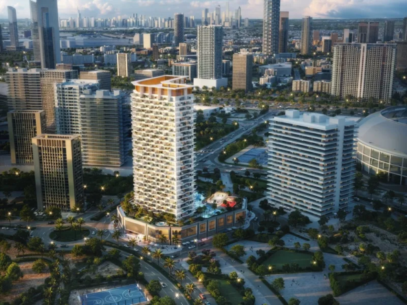 binghatti haven apartment exterior view in dubai sports city with pool and garden